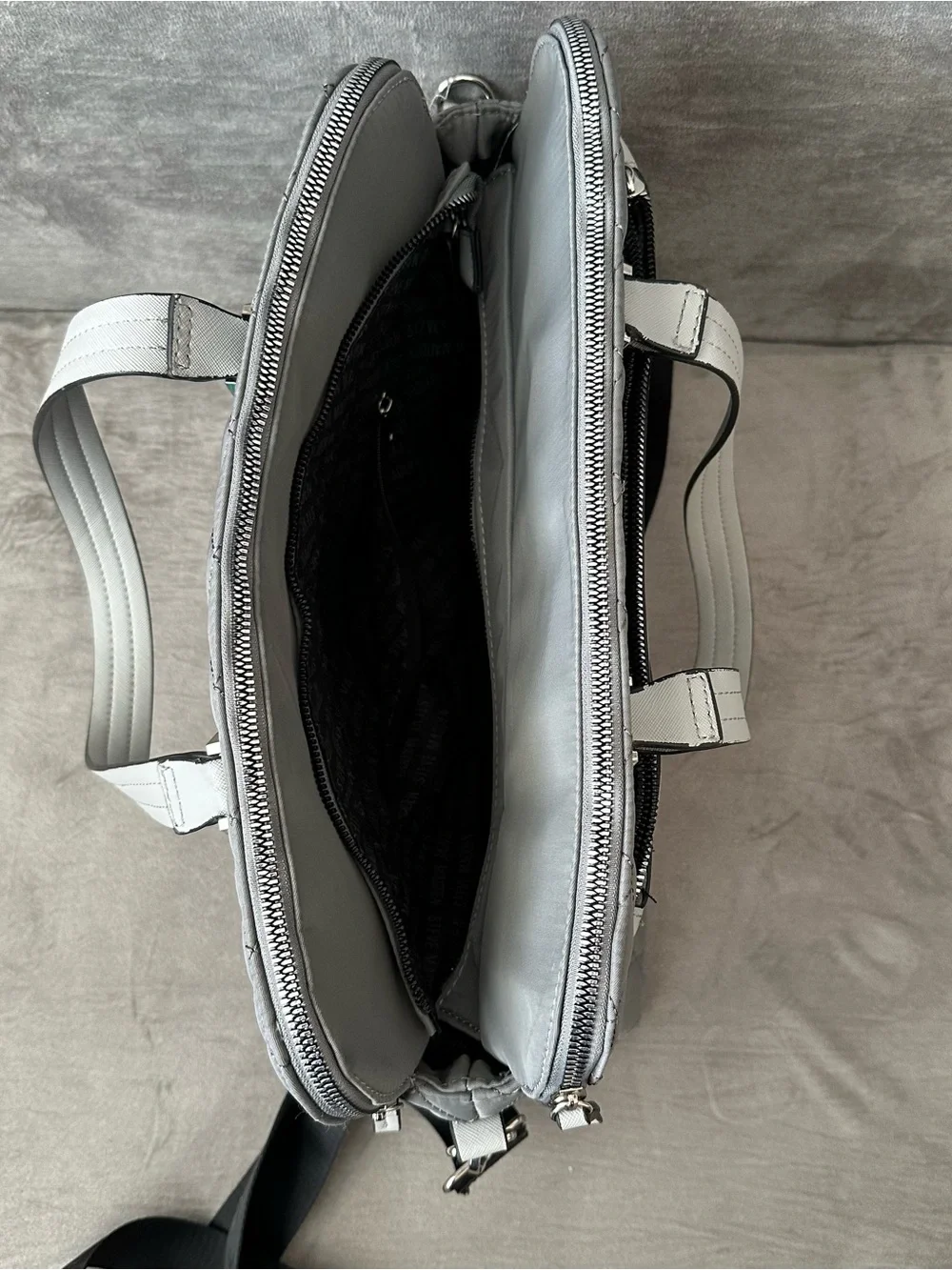 Steve Madden Quilted Gray Laptop Tote with Front Pocket and SM Initials